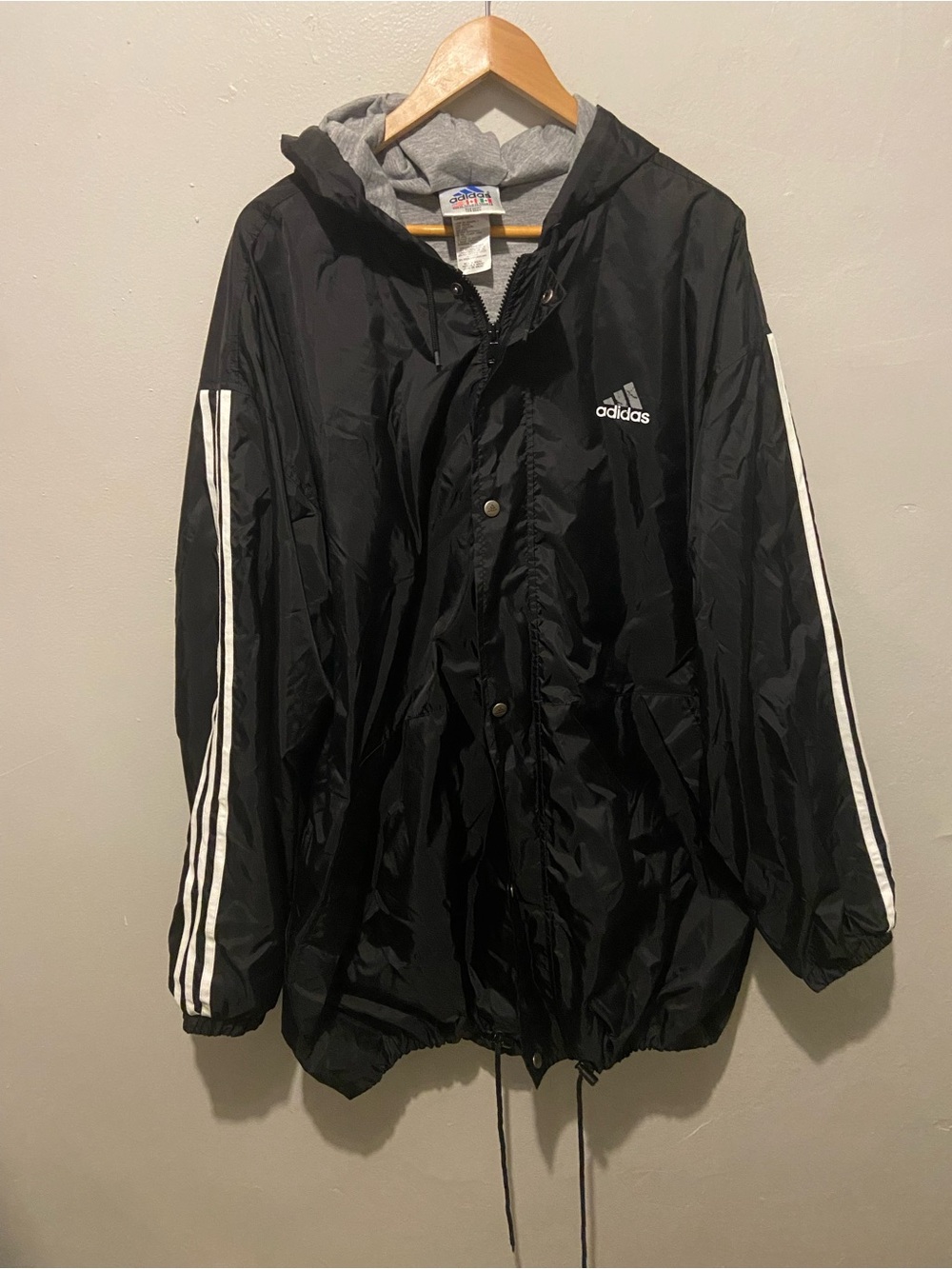 adidas Black Hooded Windbreaker with White Sleeve Stripes